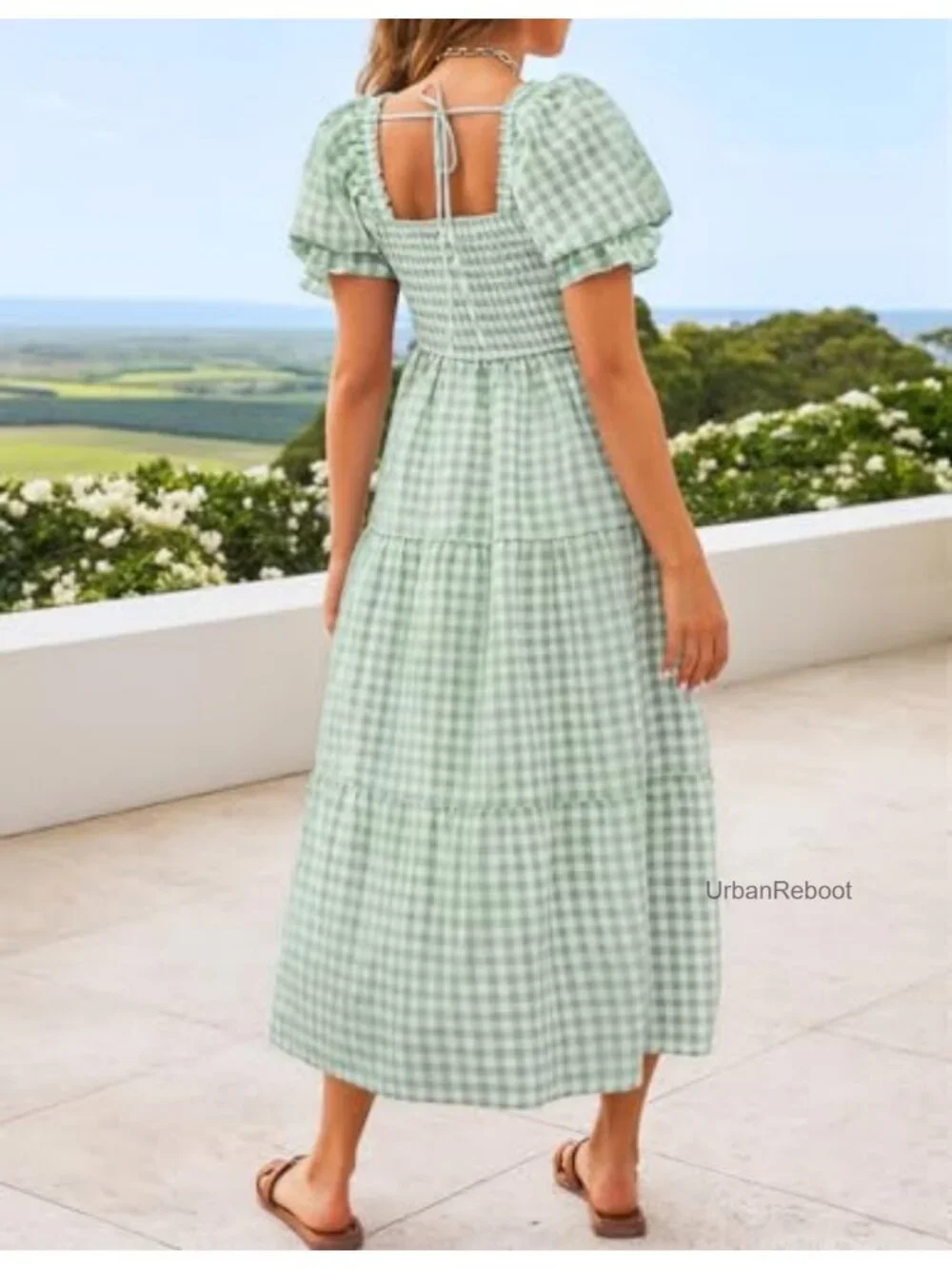 ZESICA Women's Summer Boho Gingham Puff Sleeve Square Neck Beach Midi Dress